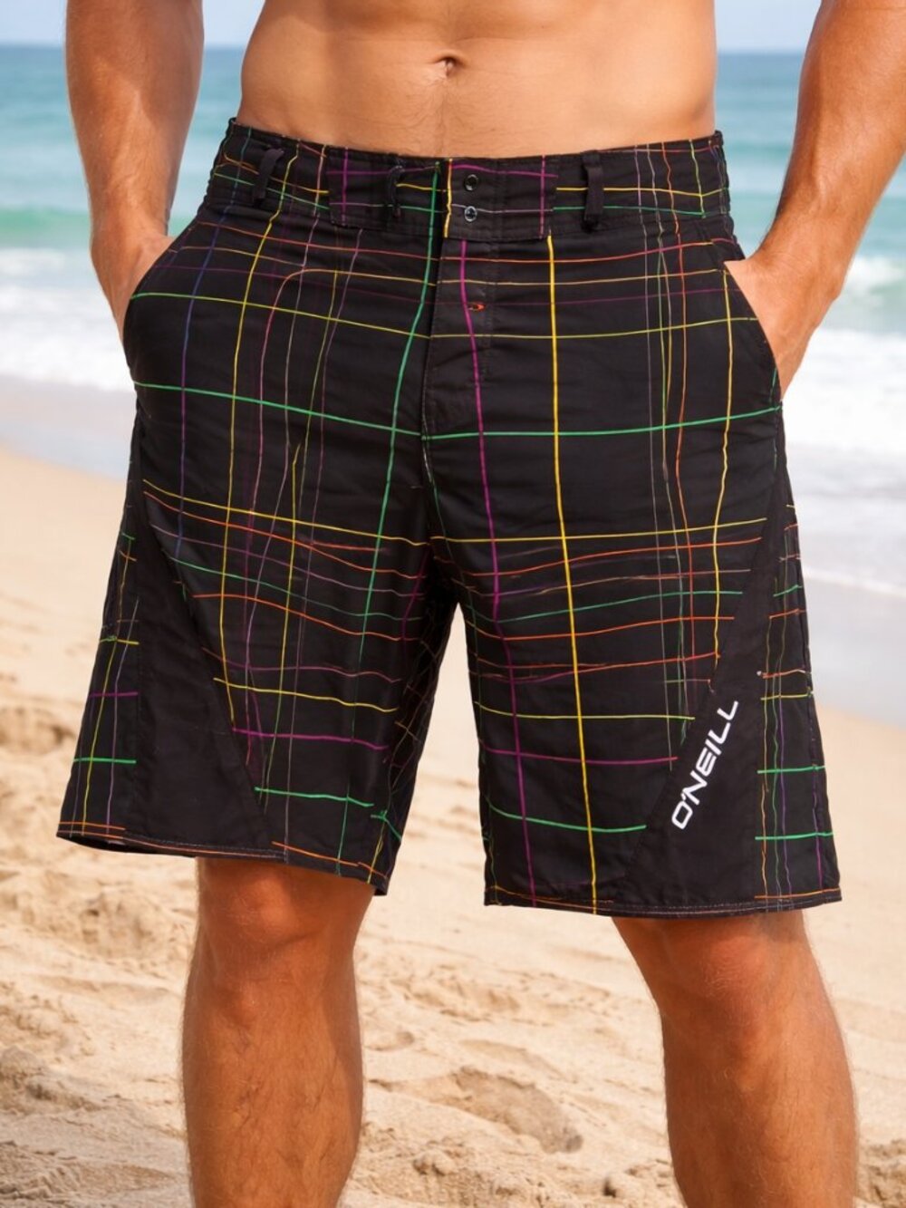 O’Neil Swim Trunks Summer Adult Size 33 Black Geometric Square Zipped Pocket EUC